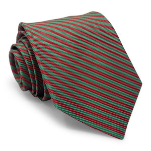 Here’s a revised version using your product data: A close-up of the PETER-BLAIR Thin Stripes Silk Tie in Dark Green and Red by BIRD DOG BAY, featuring evenly alternating diagonal stripes in deep green and red. Crafted from luxurious silk and finishing in a pointed tip, this handmade necktie boasts a festive, bold pattern.