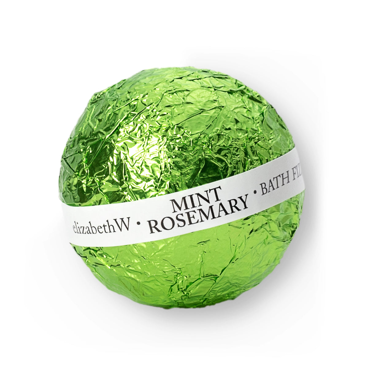 A round, nourishing fizz ball wrapped in shiny green foil with a white label around it. The label reads "E WIGHTMAN &amp; CO MINT ROSEMARY BATH FIZZ BALL".