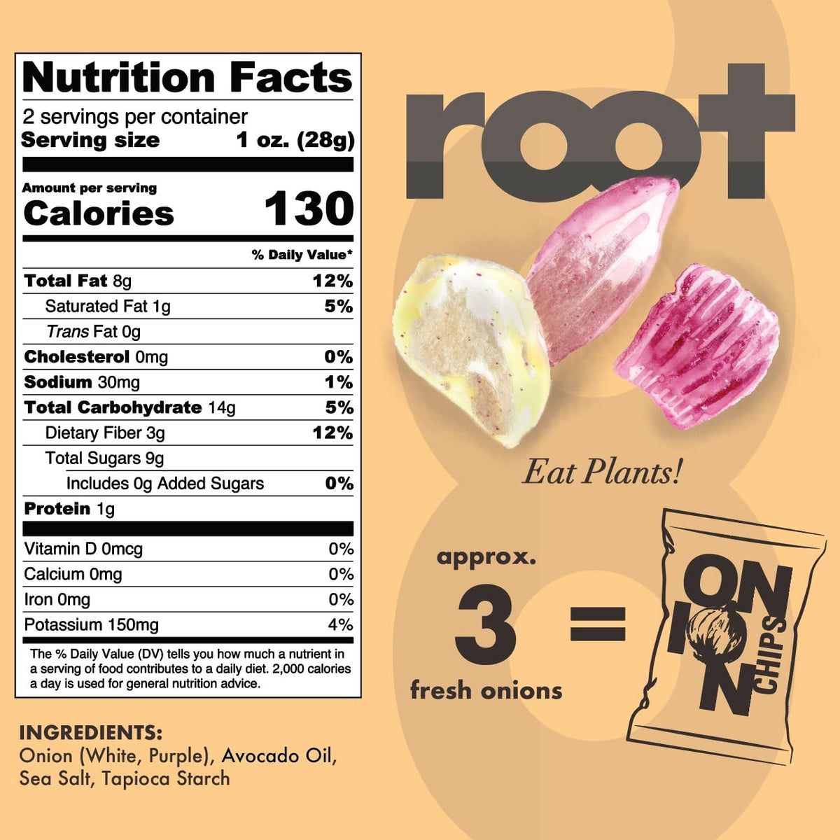 A bright yellow resealable bag labeled “ROOT FOODS - ONION CHIPS” with a prominent onion illustration catches the eye on the shelf. This 2 oz snack from ROOT FOODS is a tasty alternative to classic veggie chips, boasting gluten-free, vegan, and non-GMO certifications. The brand name “ROOT FOODS” is displayed at the bottom of the package.