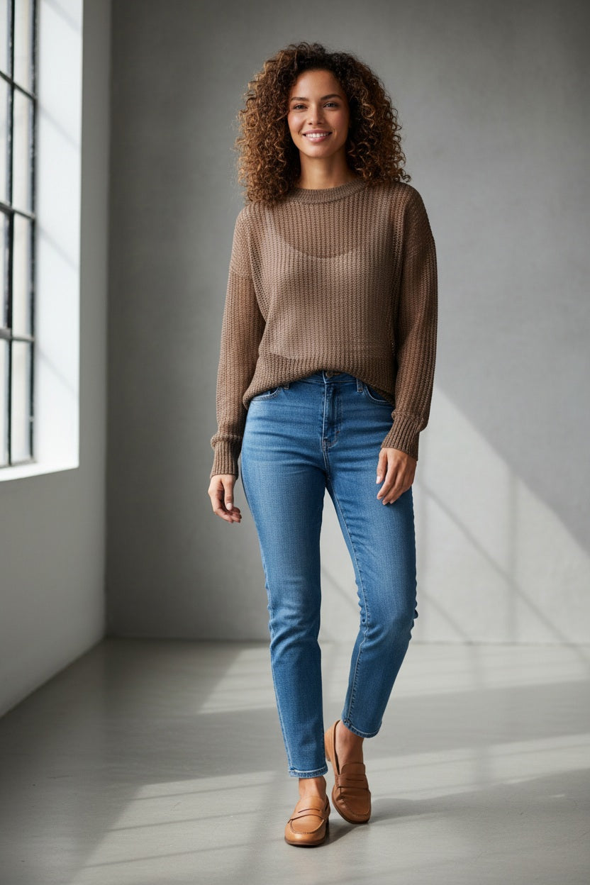 The KINROSS CASHMERE Open Texture Lurex Crew Neck Linen Sweater by KINROSS features light beige ribbed knit, long sleeves, dropped shoulders, relaxed fit, and openwork stitch design—shown against a plain white background.