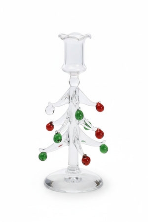 Three clear borosilicate glass HOLIDAY TREE GLASS TAPER CANDLE HOLDER 8.25″ shaped like Christmas trees, each holding a lit white taper candle.