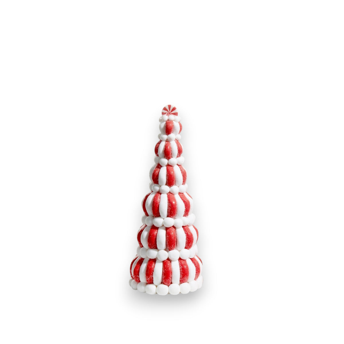 The PEPPERMINT TREE - SMALL by RAZ IMPORTS is a cone-shaped decorative vase crafted from clay dough, featuring red and white stripes with white round accents—perfect for festive home decor.