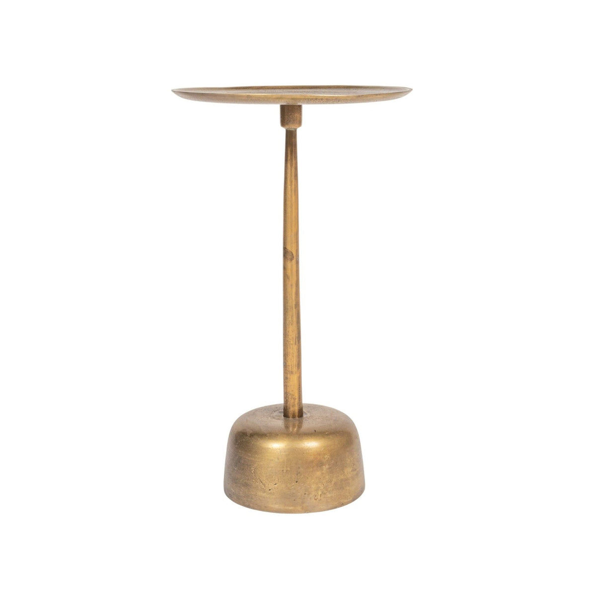 The CREATIVE COOP ALUMINUM SIDE TABLE WITH ANTIQUE BRASS FINISH is a small, round piece showcasing a wide, shallow top, slender central stem, and rounded base. Set against a plain white background, this modern minimalist table features an elegant aluminum construction with an antique brass finish.