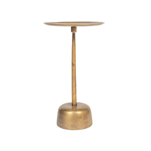 The CREATIVE COOP ALUMINUM SIDE TABLE WITH ANTIQUE BRASS FINISH is a small, round piece showcasing a wide, shallow top, slender central stem, and rounded base. Set against a plain white background, this modern minimalist table features an elegant aluminum construction with an antique brass finish.