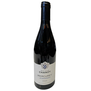 A bottle of MAISON CHANZY ‘LES BUSSIERES’ MERCUREY 2022 with a dark foil capsule and a cream-colored label featuring a blue and white crest.