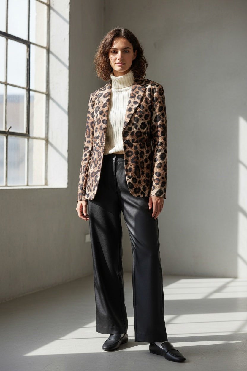 A person with wavy brown hair models the LEOPARD PRINT JACKET by ALYKI LABORATORIO over a white turtleneck sweater, standing with arms crossed against a plain white background.