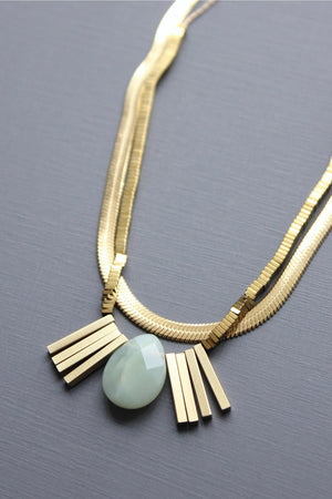 The DAVID AUBREY DOUBLE STRAND SNAKE CHAIN AND JADE ARTDECO PENDANT NECKLACE features two gold-tone layered chains, a large oval jade pendant, and four small gold rectangular accents, beautifully displayed on a gray background.