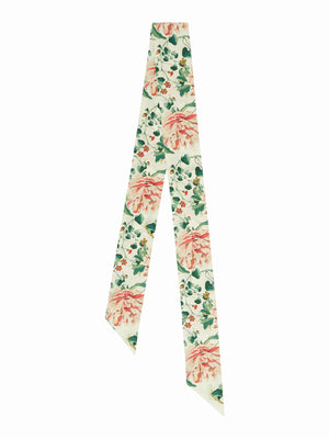 A slender FRANCO FERRARI - SILK RIBBON displaying tropical motifs of green leaves, yellow bananas, and red-orange flowers on a cream backdrop.