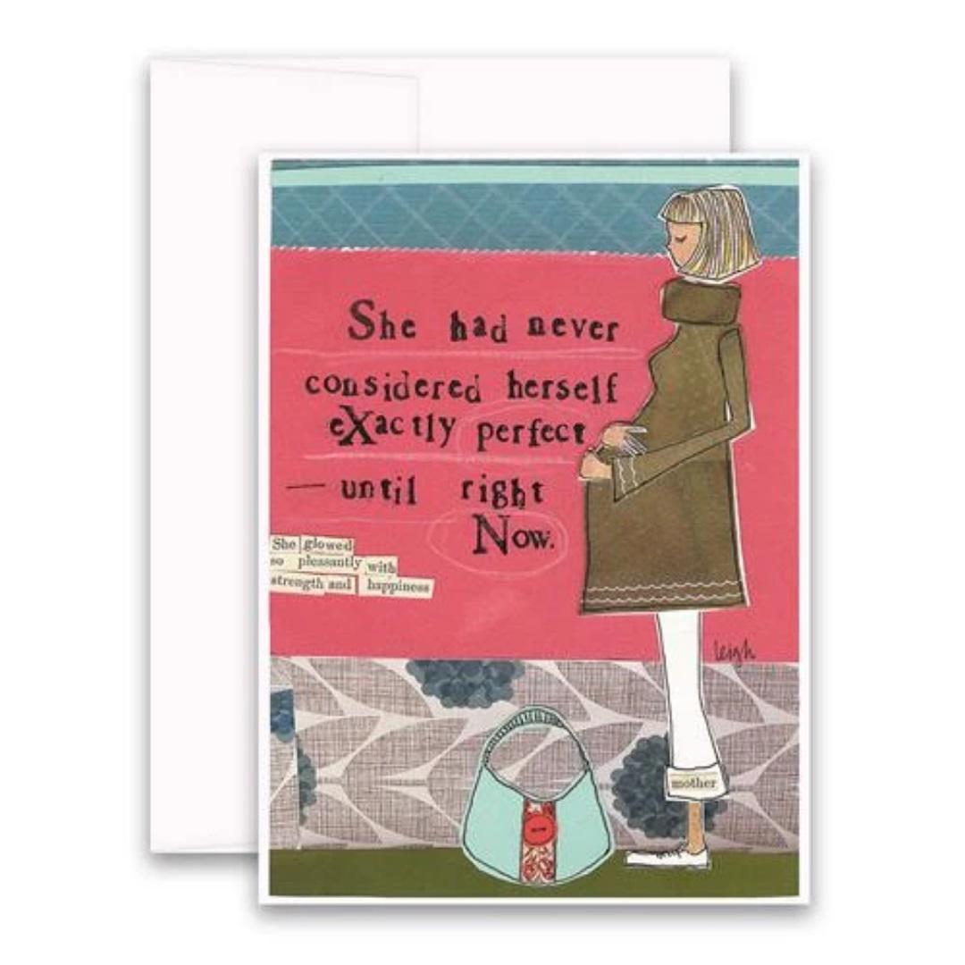 The CURLY GIRL DESIGNS - EXACTLY PERFECT CARD by CURLY GIRL DESIGN, INC features a woman standing in profile, dressed in a brown dress and leggings, with a bag labeled "mother" at her feet. The vibrant collage art backdrop consists of pink and blue hues. The main text on the card reads: "She had never considered herself exactly perfect... until right now.