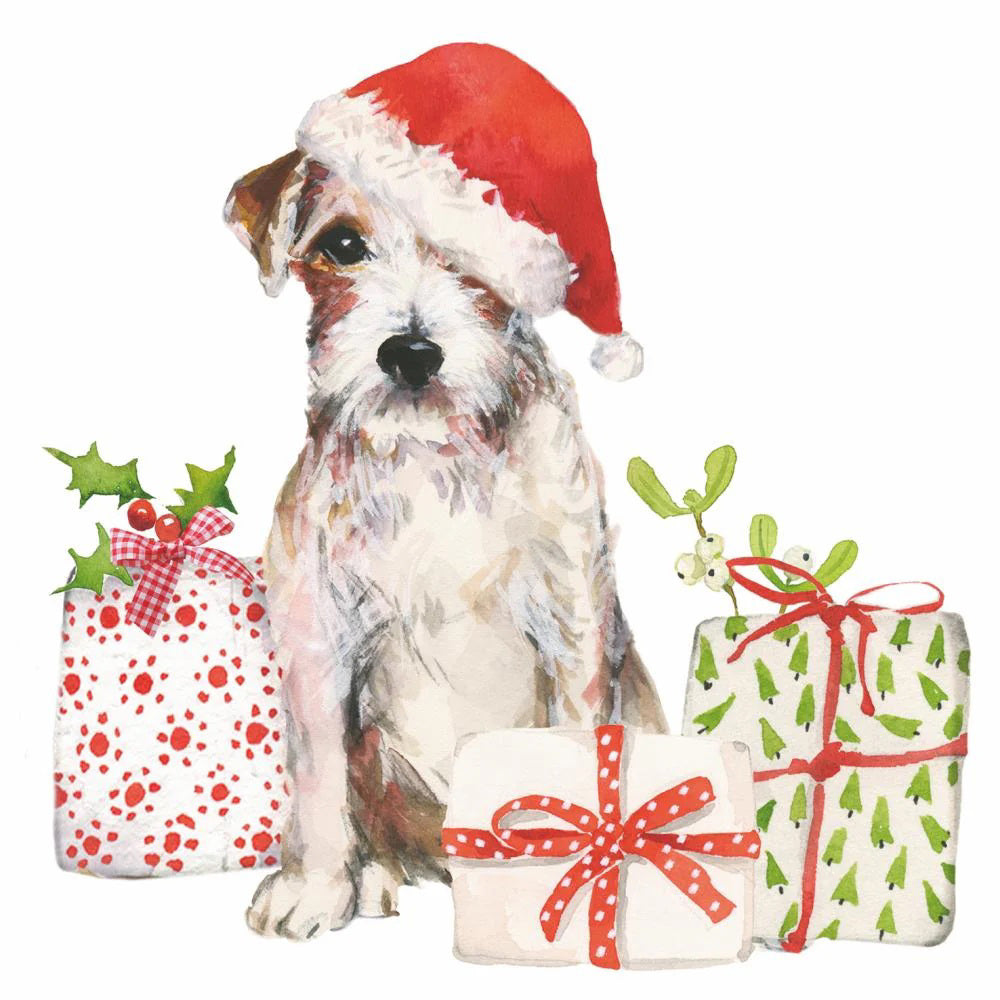 The CHRISTMAS PUP BEVERAGE NAPKIN by PAPER PRODUCTS DESIGN features a watercolor dog in a red Santa hat beside festive presents and greenery; this 3-ply paper beverage napkin is made in Germany.