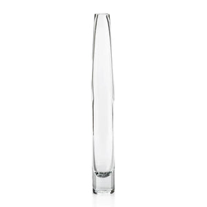 Three TATE Slim Clear Glass Vases by ZODAX are arranged on a white background. Each sleek, cylindrical vase has a narrow opening, including one measuring 2.5 in x 20.5 in.