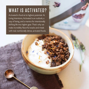 A beige and brown package of LIVING INTENTIONS - CACAO CRUNCH SUPERFOOD CEREAL, featuring the Cacao Crunch flavor. The bag highlights that it is organic, sprouted, non-GMO, gluten-free, and includes raw cacao. There is an image of cereal clusters and a bowl of cereal with milk. Net weight: 9 oz (255g).