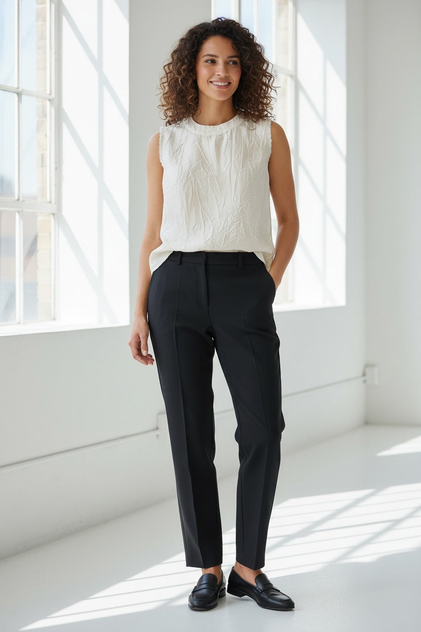 A woman with long, straight brown hair wears a SEVENTY SLEEVELESS TOP in textured off-white creased fabric and black pants, standing against a plain light gray background.