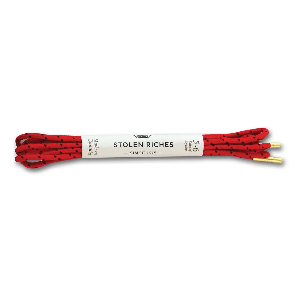 STOLEN RICHES Dress Shoelaces in Chaleo Red feature a colorful design with black dots and gold aglets, bundled with a white "Stolen Riches Since 1915" label. Made in Canada, these premium laces measure 54 inches.