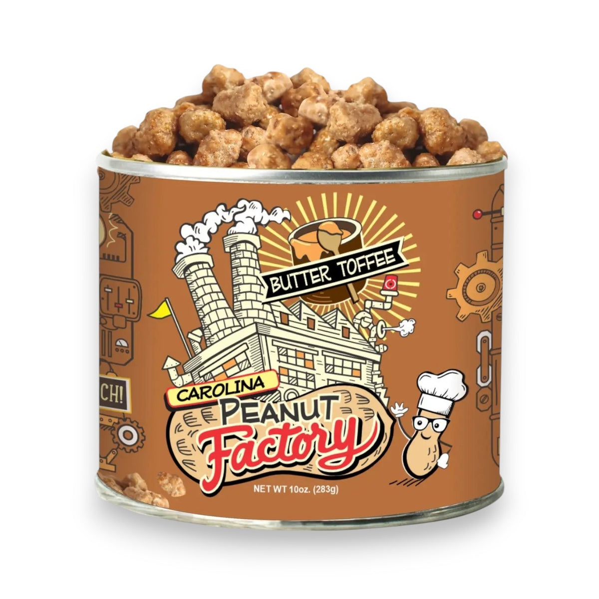 A 10 oz can labeled “1949 NUT COMPANY” filled with irresistible butter toffee peanuts. The label showcases a cartoon factory, playful gears, and a cheerful peanut character in a chef hat, all highlighting this delightful treat made in North Carolina.