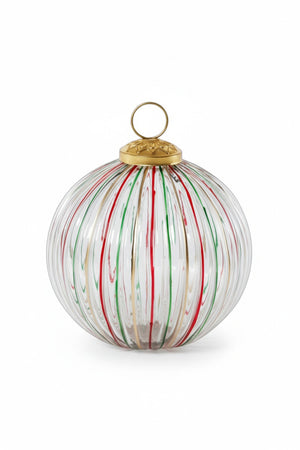 RIBBED MULTI RED AND GREEN GLASS ORNAMENT: a 4-inch ribbed glass ball featuring vertical red, green, and gold stripes with a gold cap.