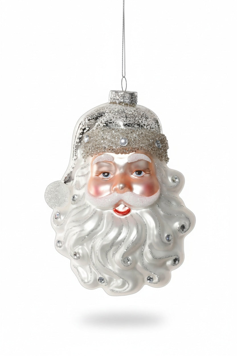 ZODAX SANTA CLAUS GLASS ORNAMENT measuring 4.75 x 3 inches, featuring a glass Santa Claus face decorated with glittery accents.
