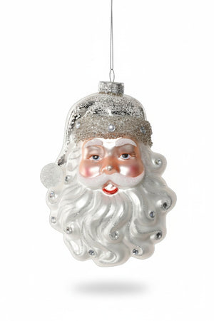 ZODAX SANTA CLAUS GLASS ORNAMENT measuring 4.75 x 3 inches, featuring a glass Santa Claus face decorated with glittery accents.