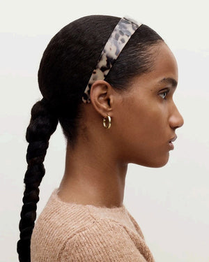 The MACHETE - WIDE HEADBAND by MACHETE is crafted from Italian acetate in a cream hue with dark brown tortoiseshell-style spots. Shown against a white background, this lightweight headband combines stylish design with all-day comfort.