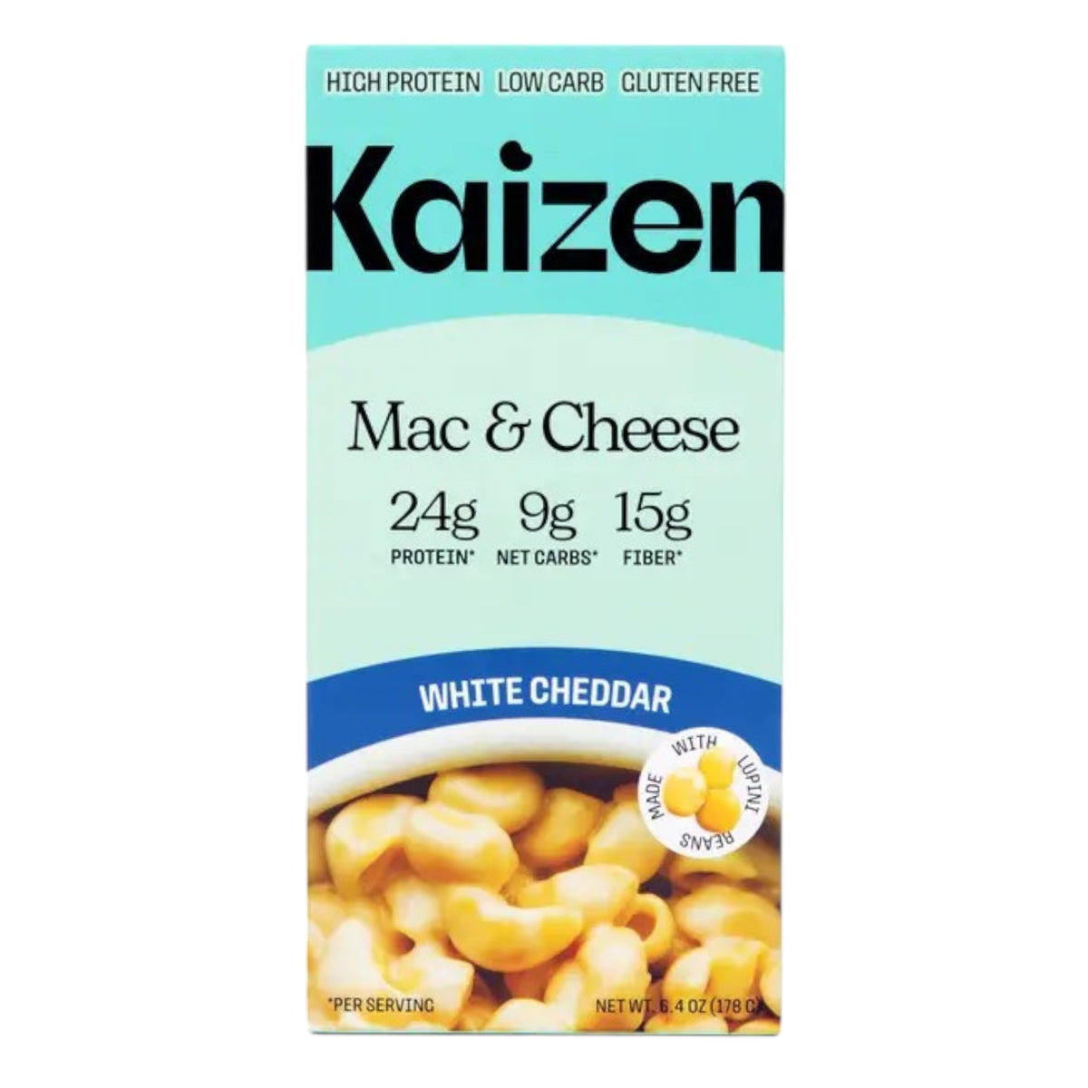 A close-up of KAIZEN FOOD COMPANY's KAIZEN-WHITE CHEDDAR LOW CARB MAC&amp;CHEESE shows elbow pasta coated in a creamy, high-protein, bright orange cheese sauce.