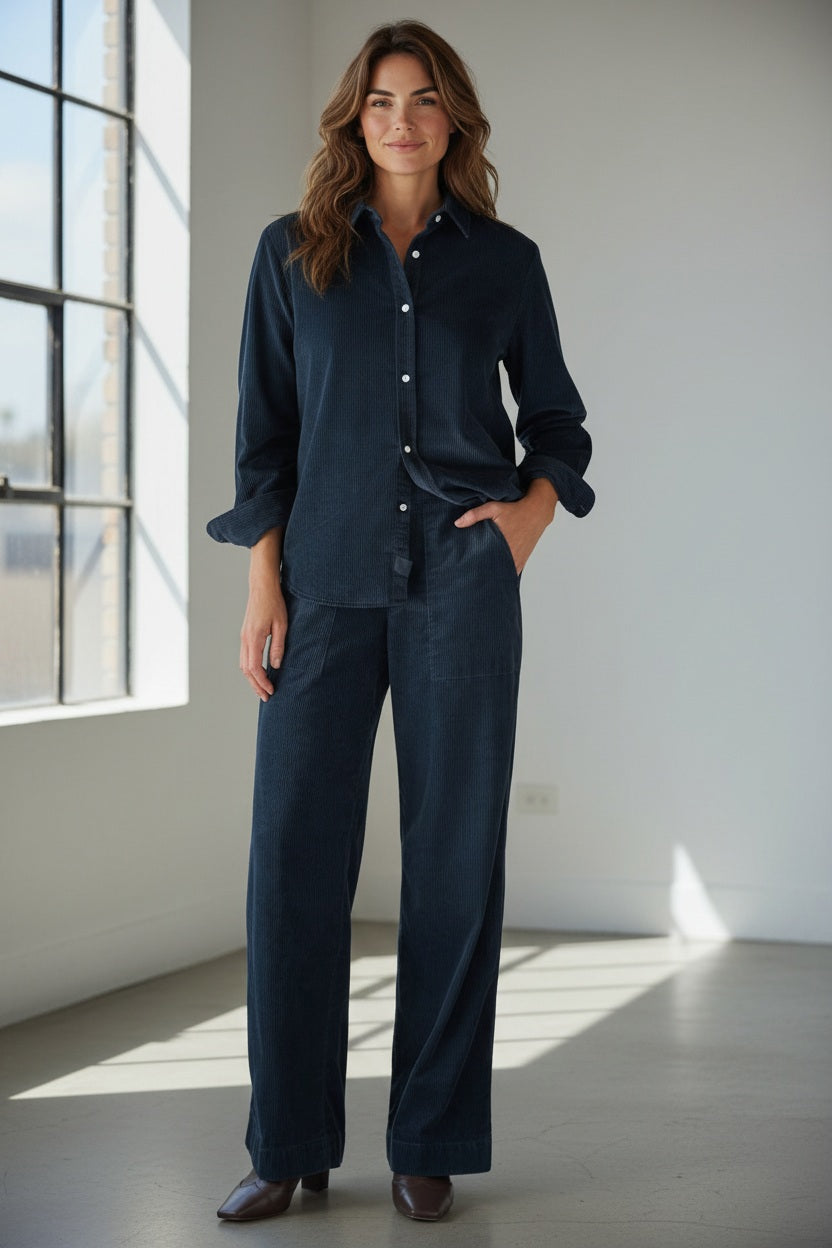 A person stands indoors by a window, dressed in the FRANK & EILEEN MADELEINE Patch Pocket Pull On Pant in Italian Corduroy Classic Navy and a coordinating dark navy button-up shirt, paired with brown shoes. With one hand tucked into their pocket, they smile softly as sunlight streams into the minimalist room.
