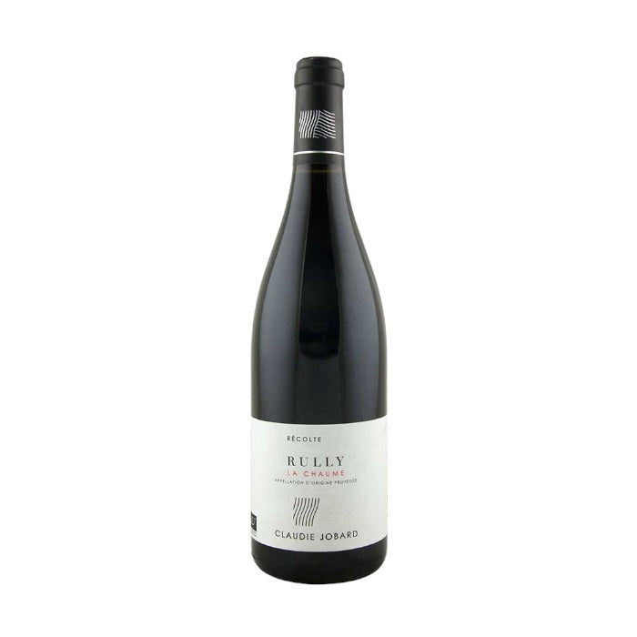 The CLAUDIE JOBARD 'LA CHAUME' RULLY 2020 by WINE: ORSINI features a dark glass bottle with a minimalist white label displaying black and gray text. A black capsule tops the cork, indicating it's a French Pinot Noir from Rully, Côte Chalonnaise, Burgundy.
