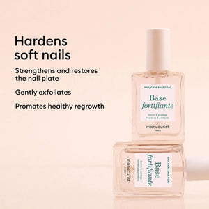 A clear bottle of MANUCURIST INC MANUCURIST - FORTIFYING BASE COAT vegan nail care, featuring a white cap and green lettering on the label, designed as a nourishing base to strengthen nails and promote healthy growth.