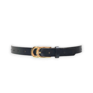 Showcased on a light gray background, ADA's INFINITY BELT is crafted from luxurious Argentinian leather. It includes a gold double D-ring buckle and multiple adjustment holes, highlighting its superior craftsmanship in every detail.