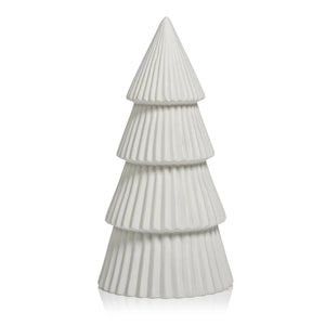 The ZODAX CERAMIC HOLIDAY TREE WHITE is a 12.70 cm x 26.04 cm white ceramic sculpture with four fluted tiers and a smooth, pointed tip, displayed elegantly on a plain background.