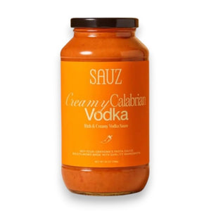 A jar of SAUZ CREAMY CALABRIAN VODKA SAUCE, a creamy, orange-colored pasta sauce.