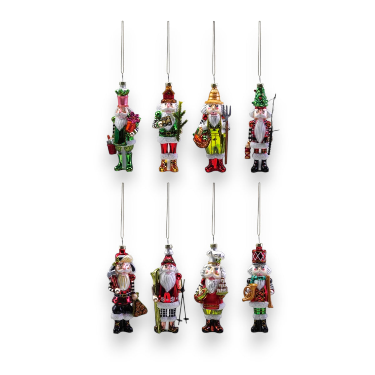 Eight GLASS NUTCRACKER ORNAMENTS by CREATIVE COOP hang in two rows on a white background, each featuring unique Christmas outfits and festive items for an assorted holiday display.