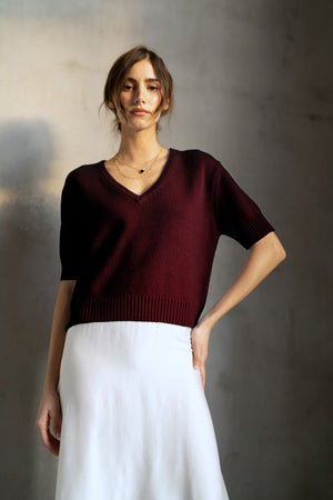 The ROSE & CROWN Cashmere Short Sleeve V Neck Sweater in deep red is shown on a white hanger against a plain white background.
