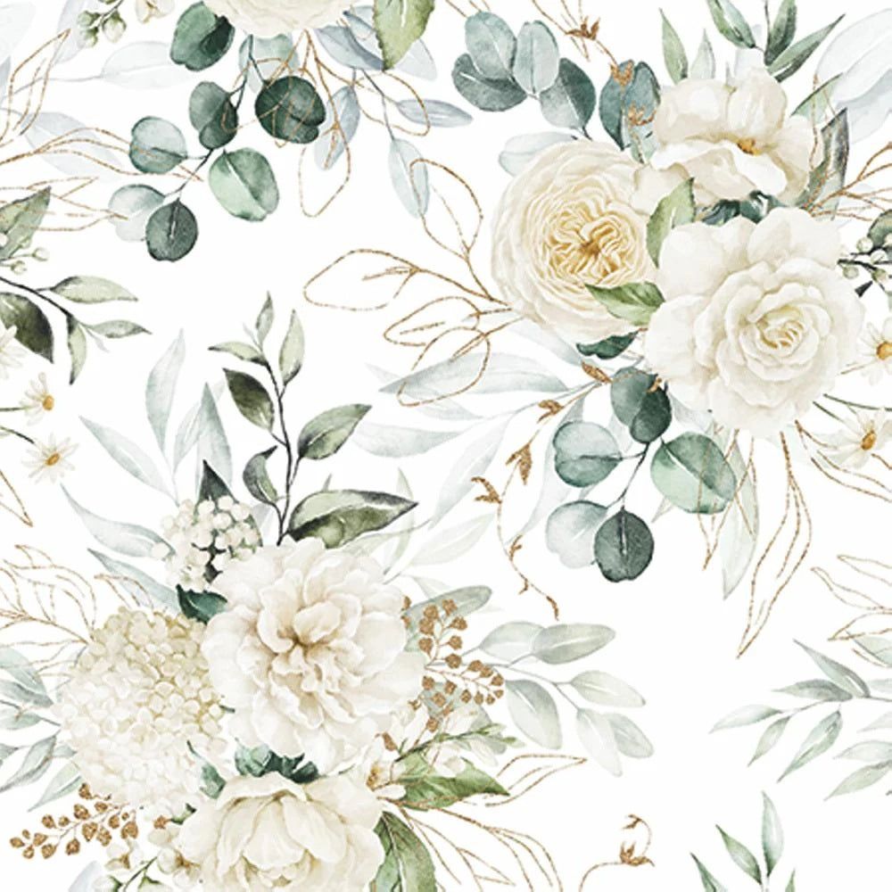 The EUCALYPTUS & ROSES BEVERAGE NAPKINS by PAPER PRODUCTS DESIGN feature an elegant and delicate repeating floral pattern of white and cream roses, green eucalyptus leaves, and gold accents, rendered in a watercolor style on naturally bleached 3-ply paper napkins.