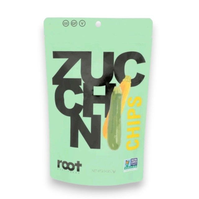 A graphic displays two zucchinis and zucchini slices with the text “approx. 2 lbs of fresh zucchini,” alongside a ROOT FOODS bag labeled “ROOT FOODS - ZUCCHINI CHIPS,” indicating that it takes about 2 lbs of fresh zucchini to make one bag of these tasty ROOT FOODS veggie chips.