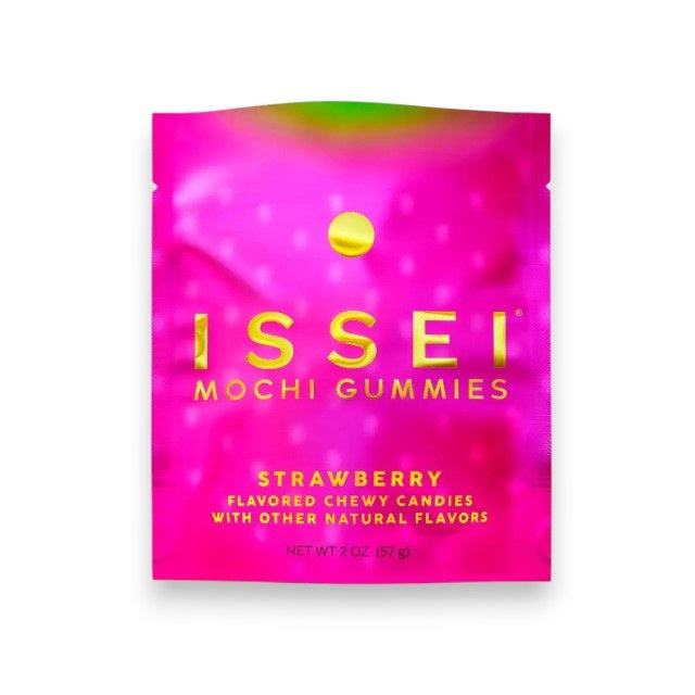 MOCHI GUMMIES- STRAWBERRY offers vegan, chewy strawberry gummies with summer fruit notes. The 1.76 oz (50g) bag features a white design with pink text, highlighting "gluten free" and "plant based.