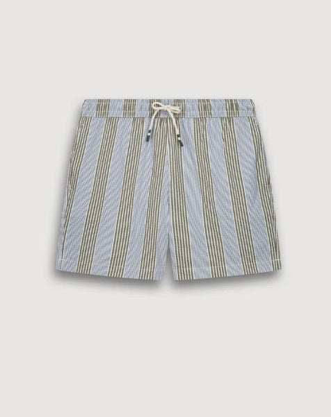 HARTFORD Seersucker Swim Trunks in green and blue stripes for men feature an elastic waistband, white drawstring, and olive accents. These mid-length swim shorts offer a classic look in textured seersucker fabric, shown on a light background.