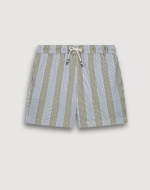 HARTFORD Seersucker Swim Trunks in green and blue stripes for men feature an elastic waistband, white drawstring, and olive accents. These mid-length swim shorts offer a classic look in textured seersucker fabric, shown on a light background.