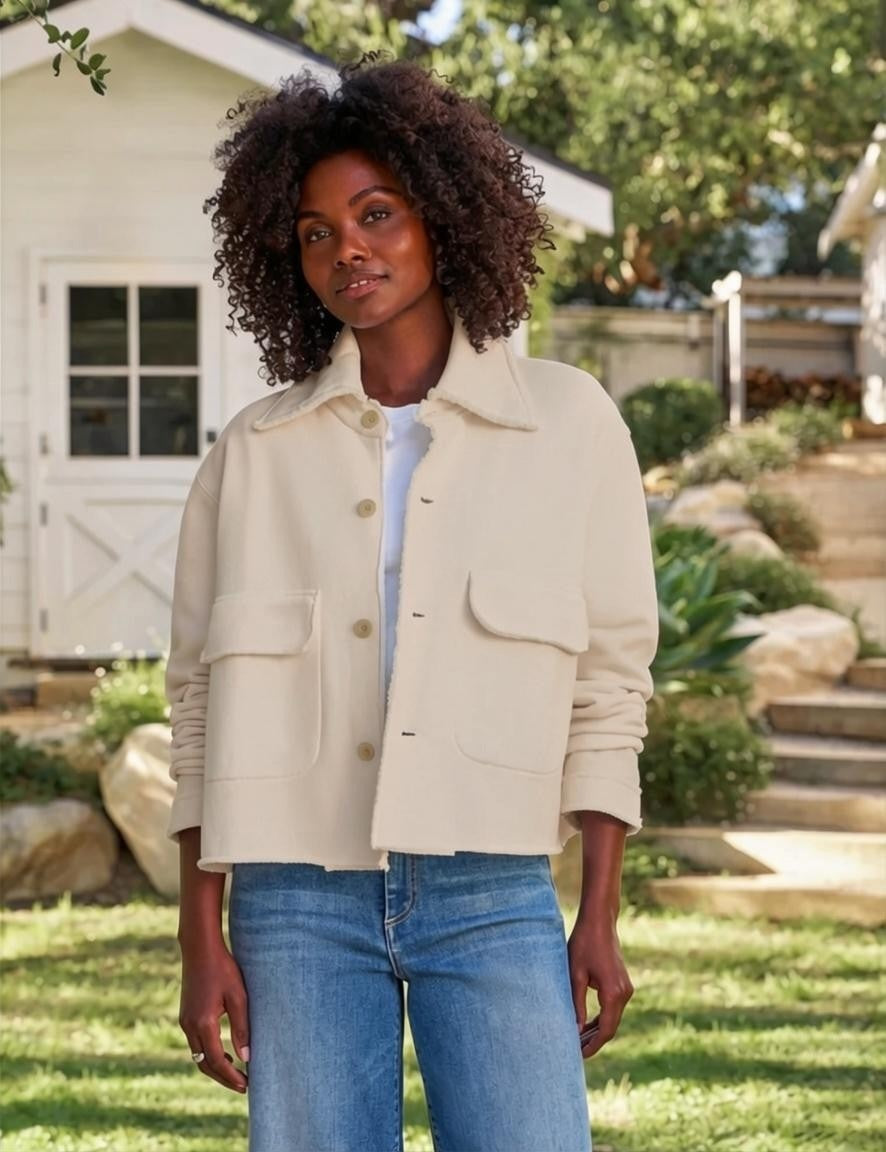 A woman with curly hair stands outside in a garden, wearing the FRANK & EILEEN Rowan Sweatshirt Utility Jacket in Triple Fleece Vintage White and blue jeans. A white house, greenery, and stone steps are visible in the background.