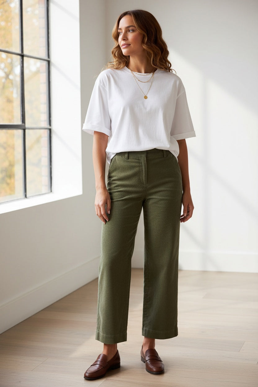 A person with wavy brown hair stands outdoors, partially smiling against a blurred background, wearing the FRANK &amp; EILEEN PERRY NYC Crewneck Tee in Vintage Jersey White.