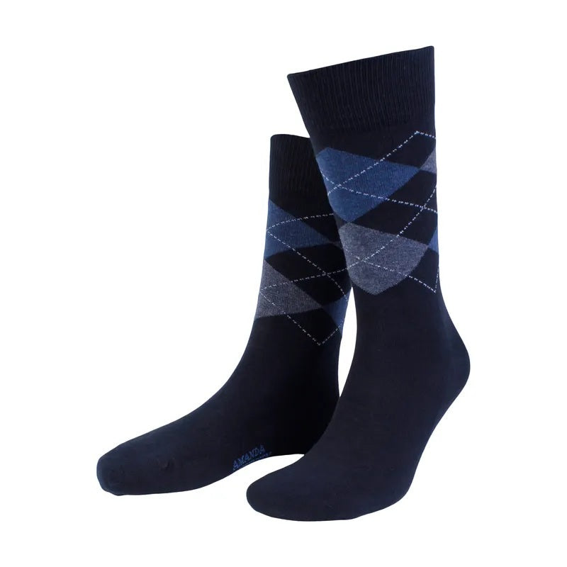 AMANDA CHRISTENSEN - TRUE ARGYLE MID-CALF SOCKS IN DARK NAVY, featuring a blue and grey argyle pattern at the top.