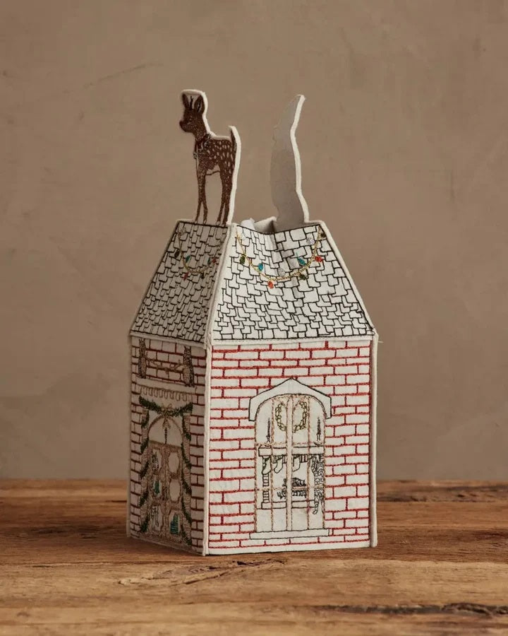 HOME FOR THE HOLIDAYS TISSUE BOX COVER shaped like a house, featuring an embroidered Christmas tree, string lights, and a teddy bear in a Santa hat for festive holiday home decor.
