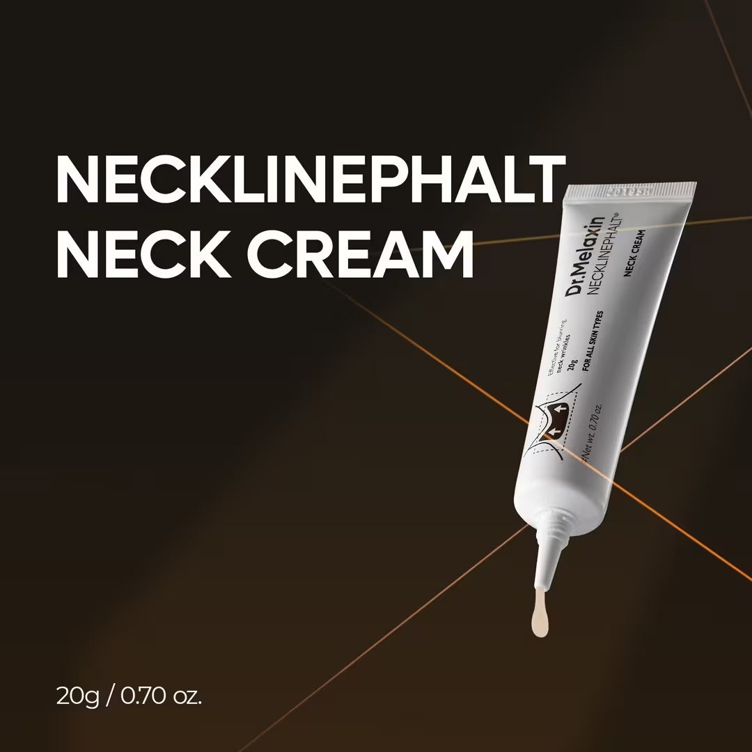 A tube of KOSMIC KBEAUTY SKINCARE’s DR. MELAXIN - NECKLINEPHALT NECK CREAM (20ML) rests atop two cream smears—one beige and one dark brown—on a white background, emphasizing its function as an advanced neck moisturizer formulated to improve skin firmness and reduce the appearance of neck wrinkles.
