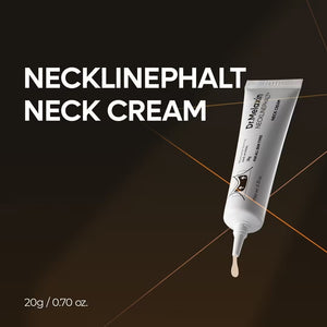 A tube of KOSMIC KBEAUTY SKINCARE’s DR. MELAXIN - NECKLINEPHALT NECK CREAM (20ML) rests atop two cream smears—one beige and one dark brown—on a white background, emphasizing its function as an advanced neck moisturizer formulated to improve skin firmness and reduce the appearance of neck wrinkles.