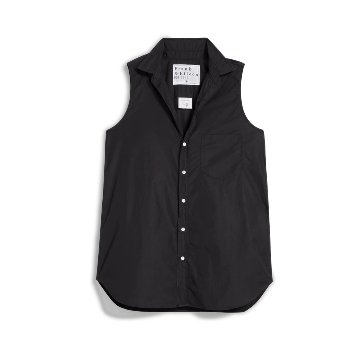 The FRANK &amp; EILEEN FINLEY sleeveless button-up shirt in washed linen black features a collar and single chest pocket, shown laid flat on a white background.