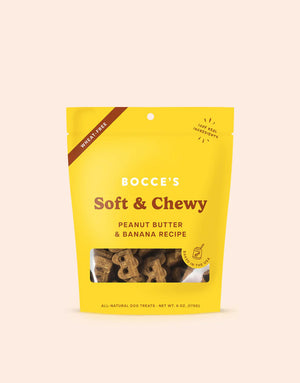 Yellow bag of BOCCE’S BAKERY - PB AND BANANA SOFT AND CHEWY TREATS with a clear window showing bone-shaped treats baked in the USA.