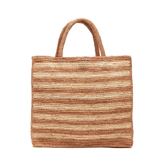 A rectangular, woven straw tote bag with two short handles. The bag features horizontal stripes in varying shades of natural tan and light brown.