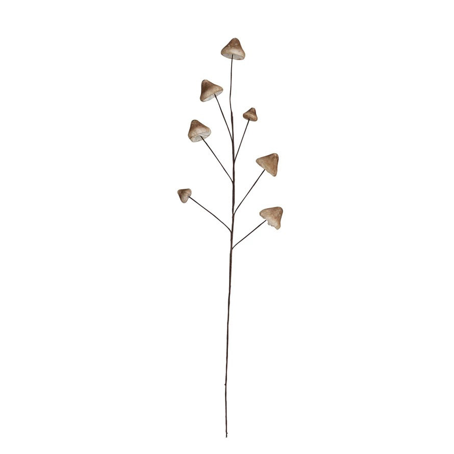 The MUSHROOM SPRAY STEM by CREATIVE COOP presents a delicate arrangement of small mushrooms with light brown caps on thin stems, set against a beige background, reminiscent of minimalist botanical art. This whimsical decor piece introduces nature's charm to your home, featuring enchanting foam and fabric mushrooms.