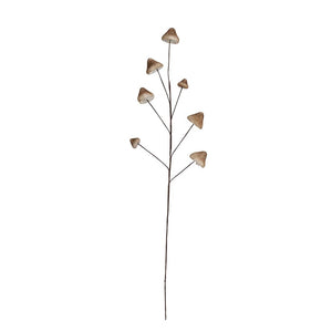 The MUSHROOM SPRAY STEM by CREATIVE COOP presents a delicate arrangement of small mushrooms with light brown caps on thin stems, set against a beige background, reminiscent of minimalist botanical art. This whimsical decor piece introduces nature's charm to your home, featuring enchanting foam and fabric mushrooms.