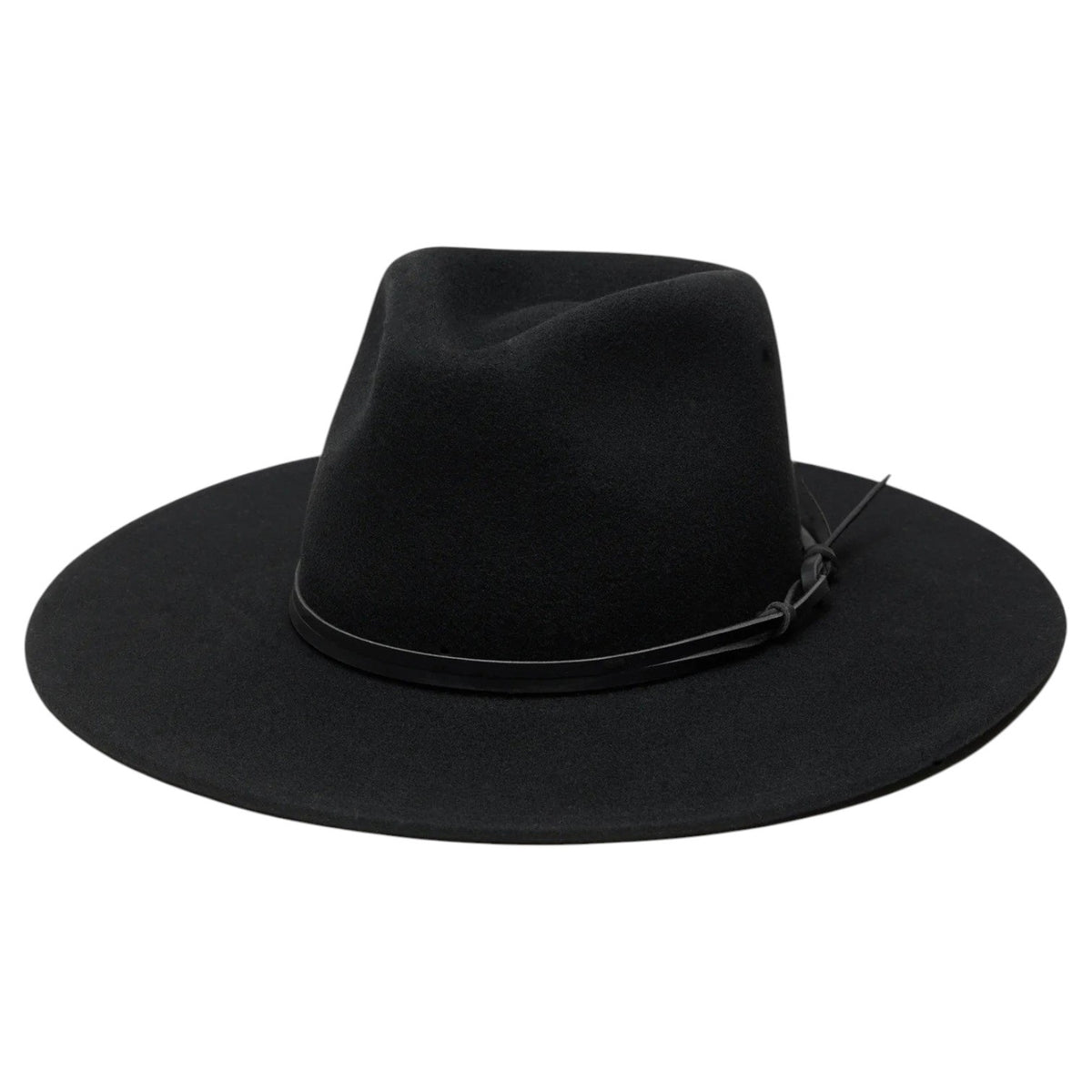 WYETH - RILEY WOOL RANCHER IN BLACK: a black wide-brim packable rancher hat with a matching black cord tied around the base of the crown.