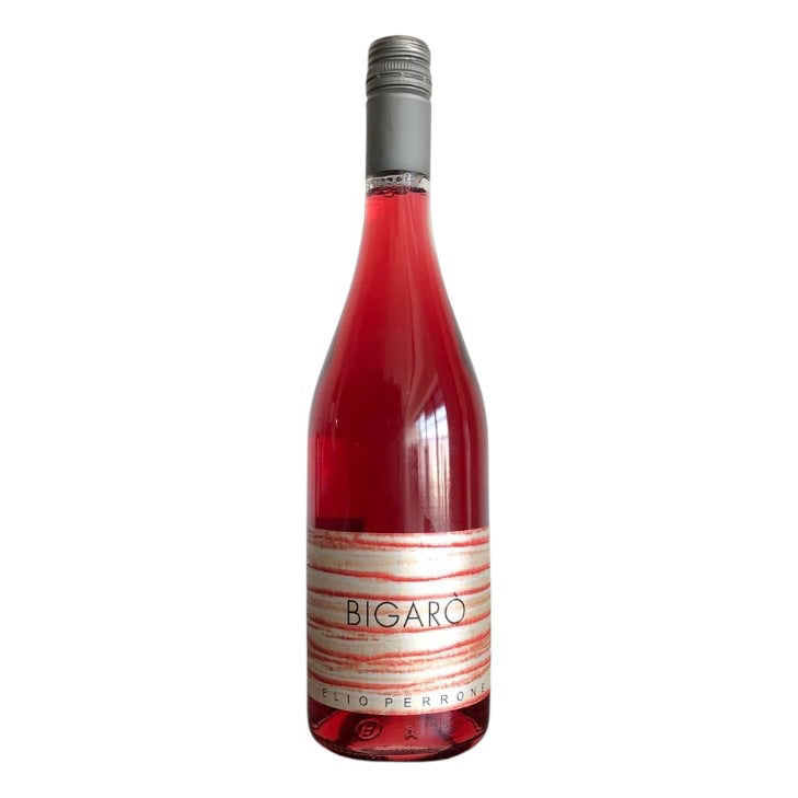 The WINE: ADVINTAGE ELIO PERRONE 'BIGARO' Brachetto/Moscato 2022, 375ML features a black screw cap and a white background label with "BIGARO" and intricate black-and-white designs, capturing the elegance of Piedmont's finest red wines.